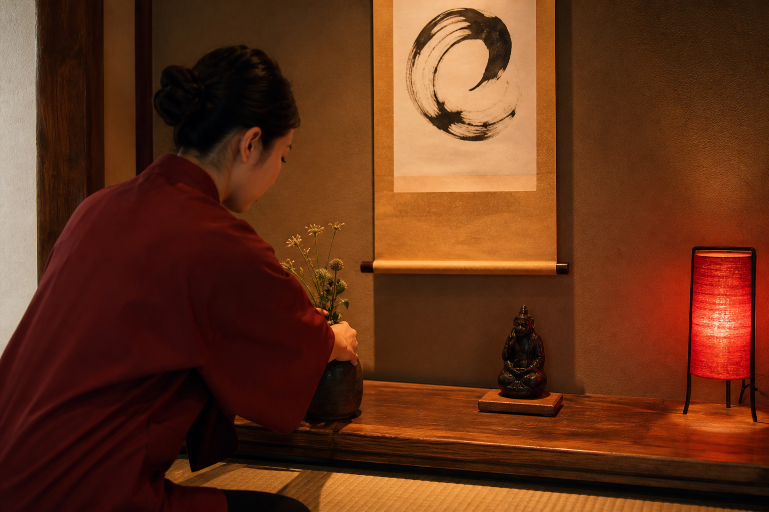 書の掛け軸と生花を整えるスタッフ