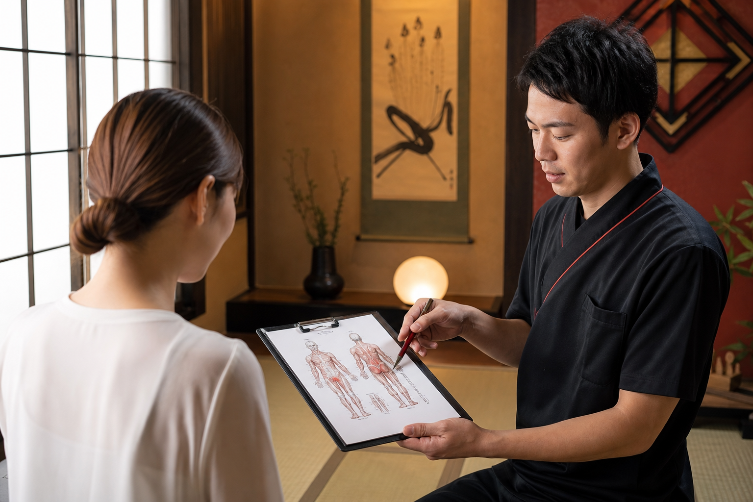 カウンセリングで姿勢図を説明するシーン