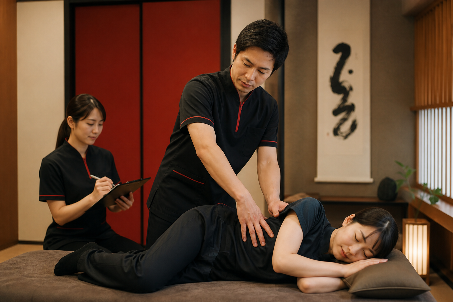 複数のスタッフで姿勢を確認しながらの施術シーン