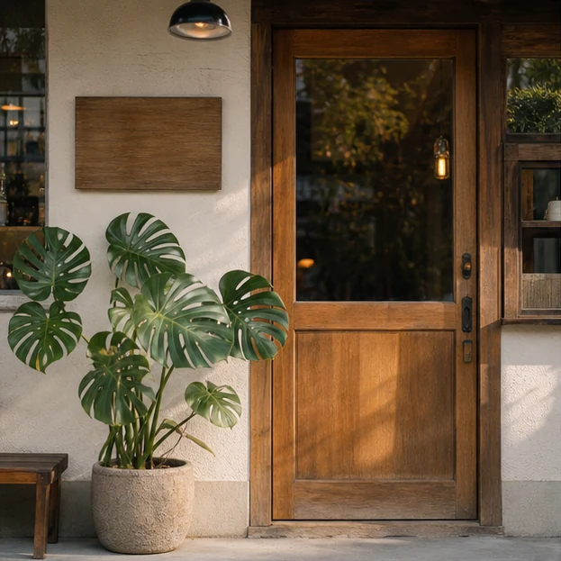 Share café 木漏レ日の入口 手書きの看板と観葉植物