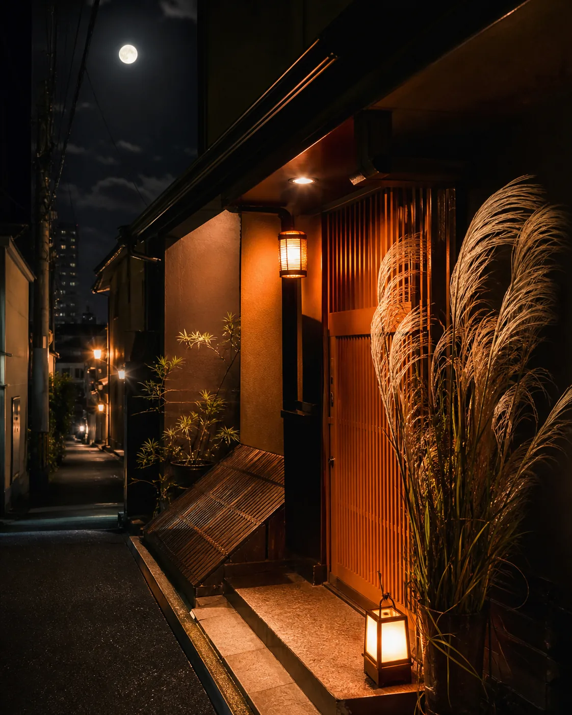 夜のすすきと満月に照らされた外観