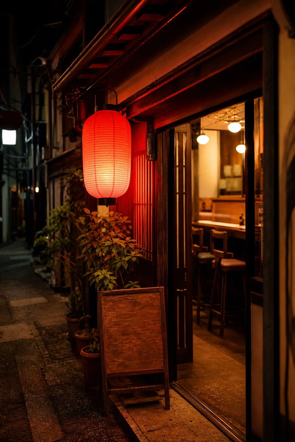 提灯が灯る玉宮町の路地に佇む店の外観