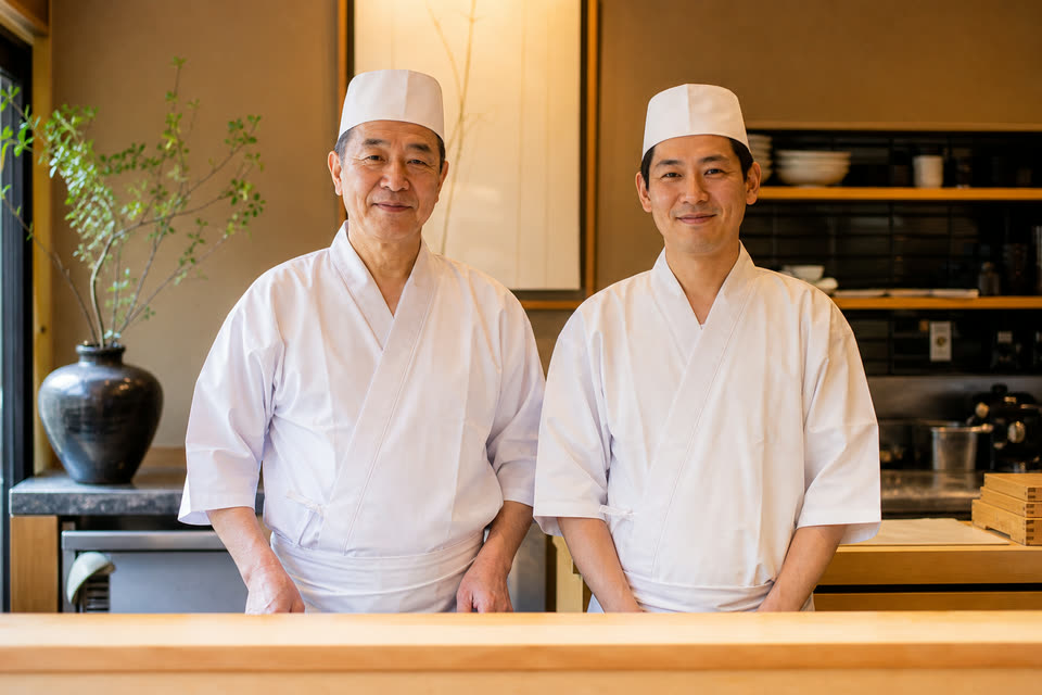 店主と息子、そば職人2名の写真