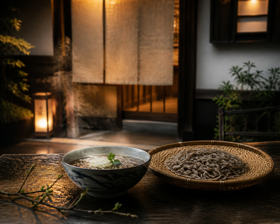 夕暮れの庵、そばと店構え