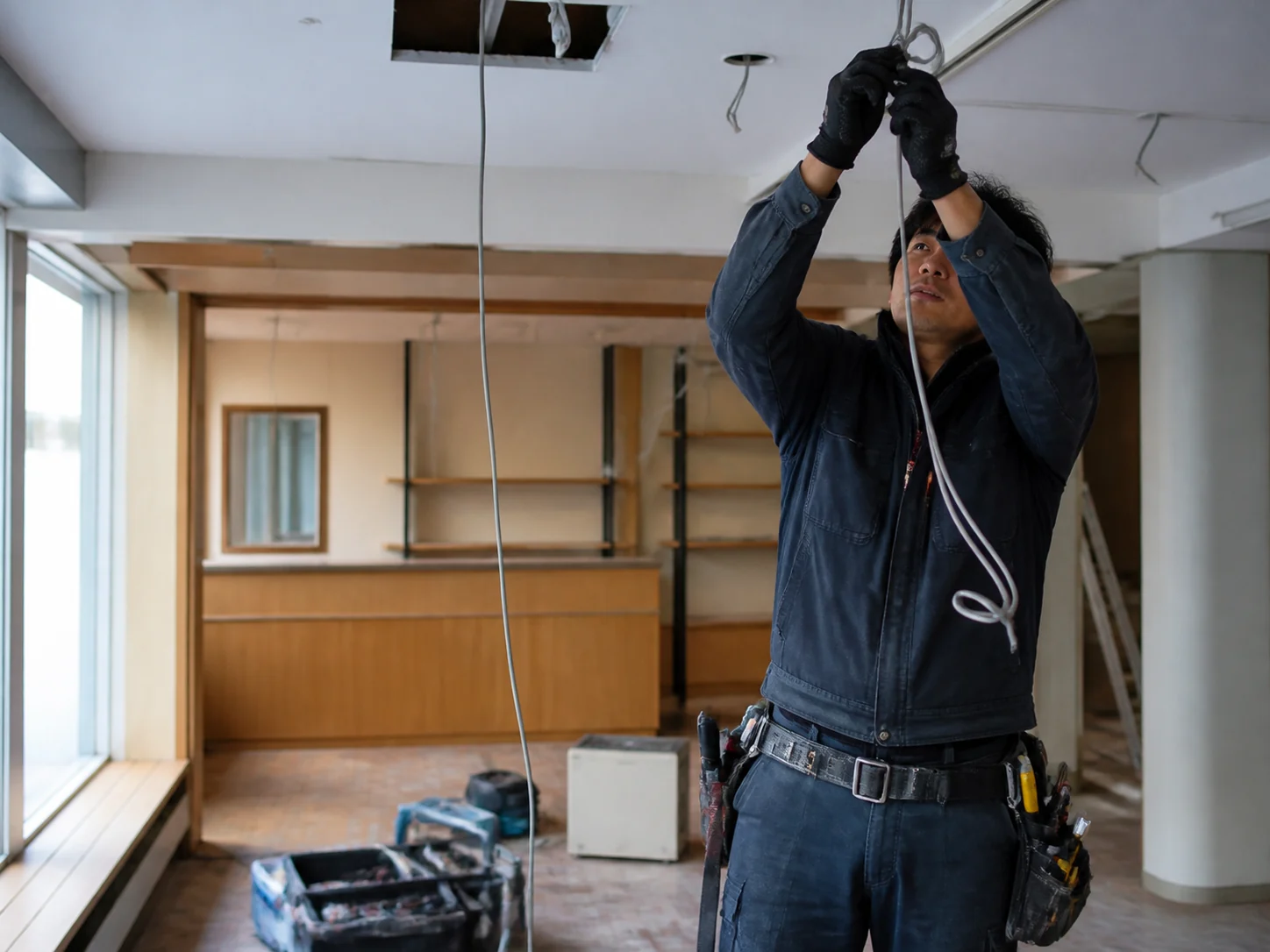 店舗の電気配線作業の様子