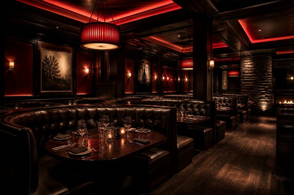 STEAK EMBERS店内、落ち着いた赤い照明のボックス席