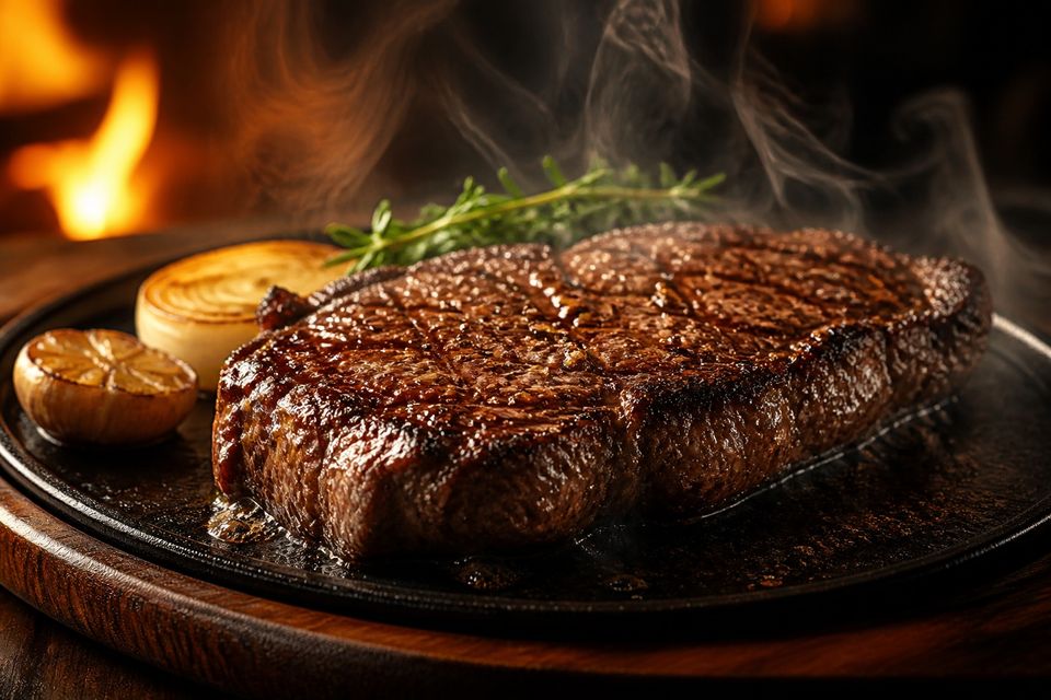 鉄板の上で焼き上がったSTEAK EMBERSのステーキと立ちのぼる湯気