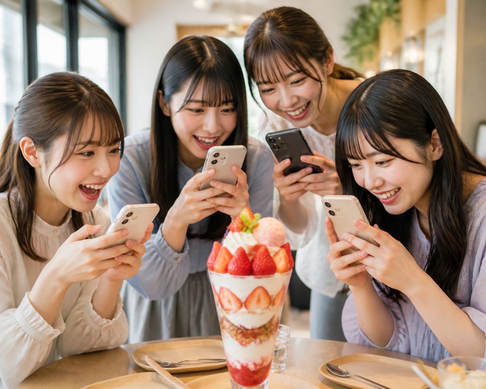 パフェを囲んで盛り上がる女性グループ