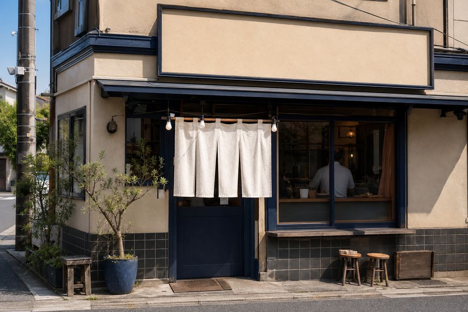 定食屋ひとくちの外観、藍色ののれんがかかる入口