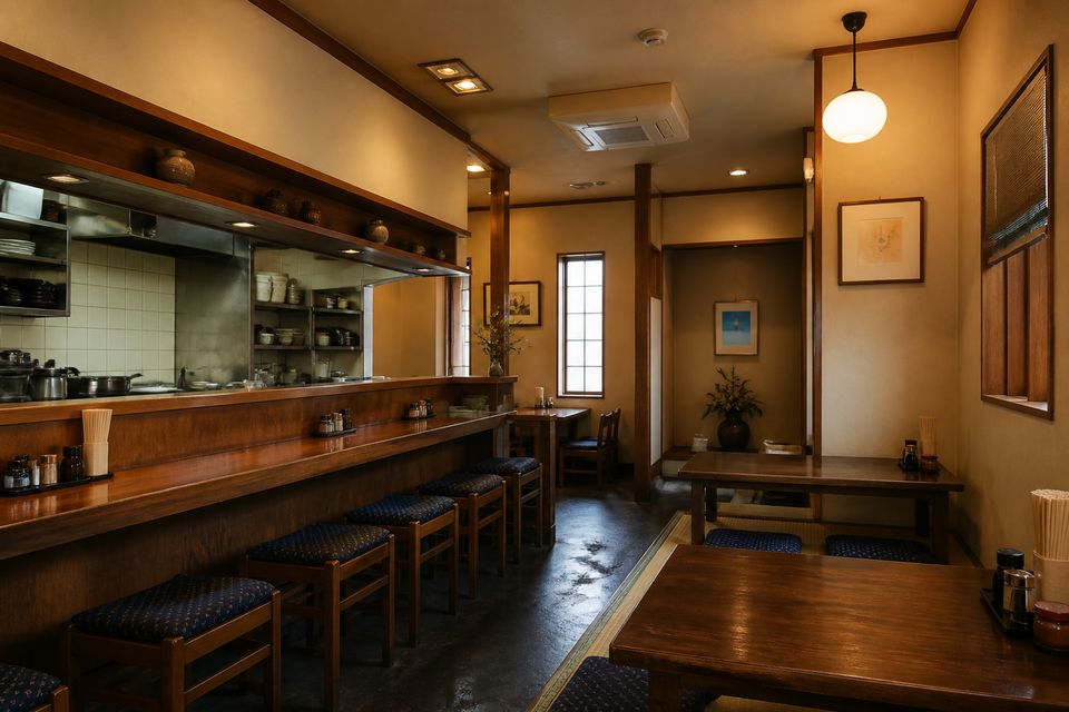 定食屋ひとくち店内、木のカウンター席