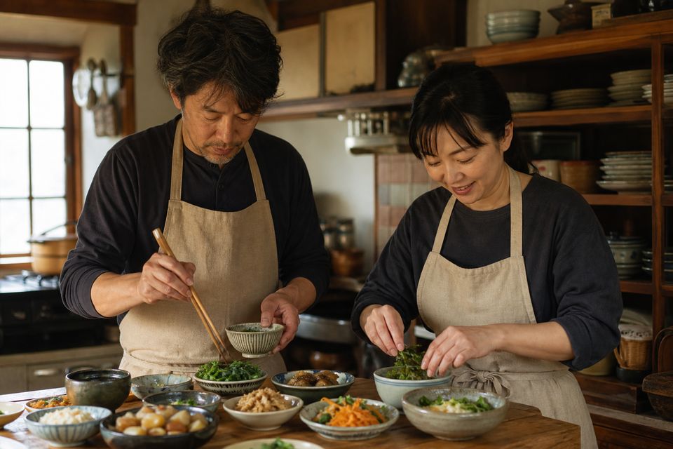 定食屋ひとくち厨房での調理風景、夫婦での盛り付け
