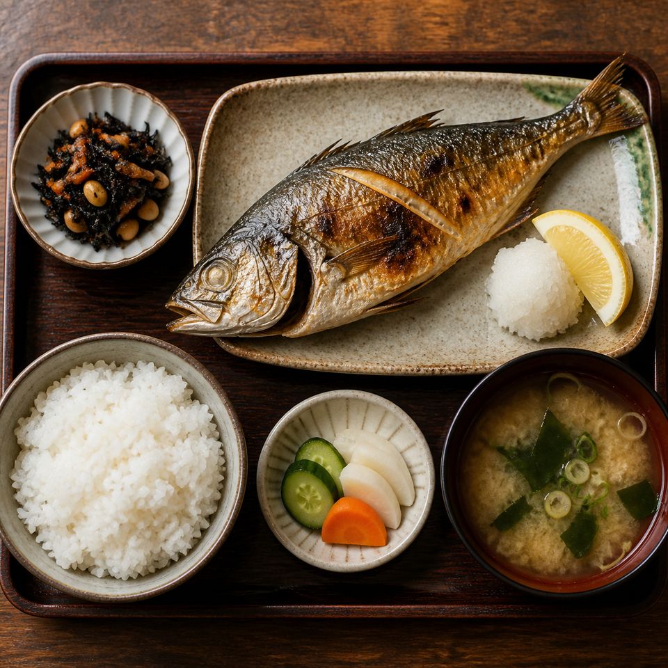焼き魚定食、盆に並んだご飯・味噌汁・小鉢