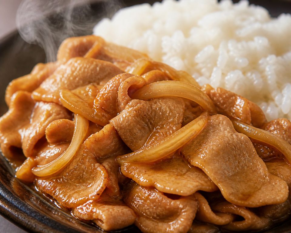 生姜焼き定食、たっぷりの豚肉と玉ねぎ
