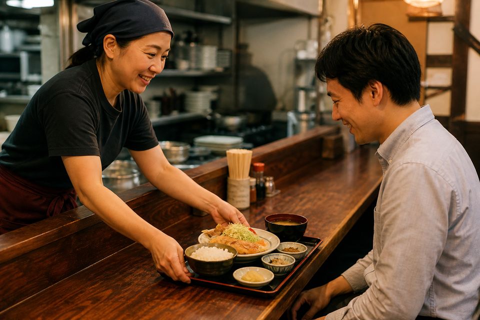 スタッフが盆を運ぶ接客シーン