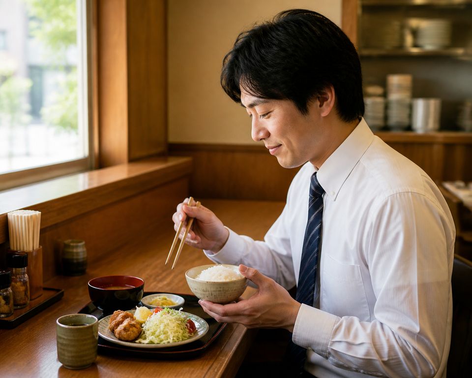 窓辺の席で定食を食べる一人客