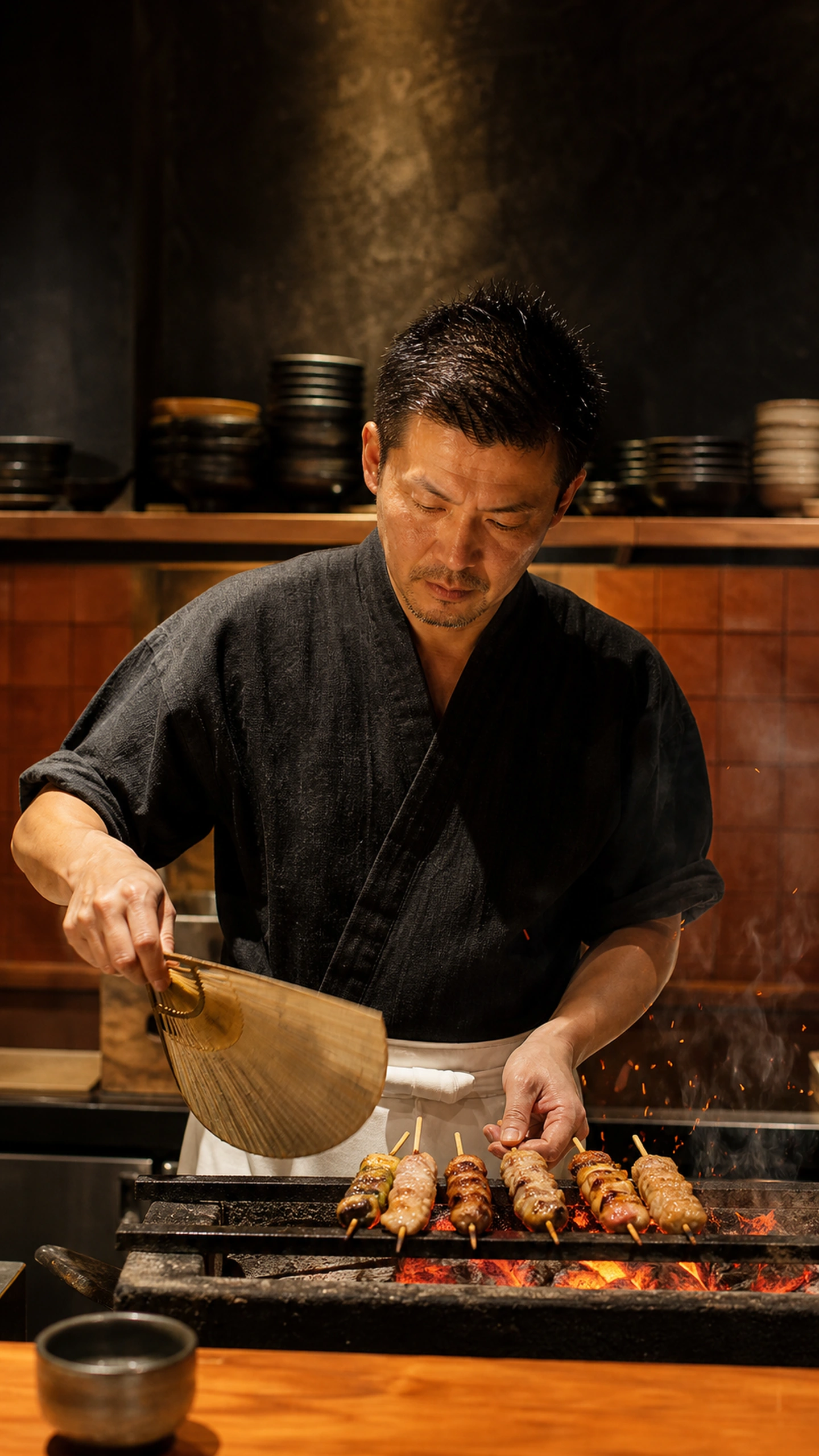 炭火と向き合い一本ずつ焼き上げる鳥彩の焼き手