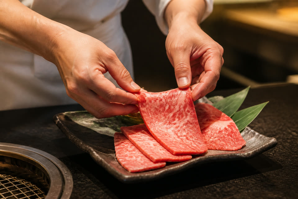 和牛を手で盛り付ける職人の手元