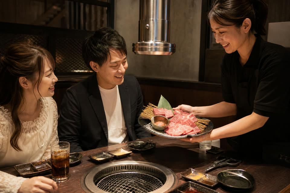厚切り肉を提供するスタッフとお客様