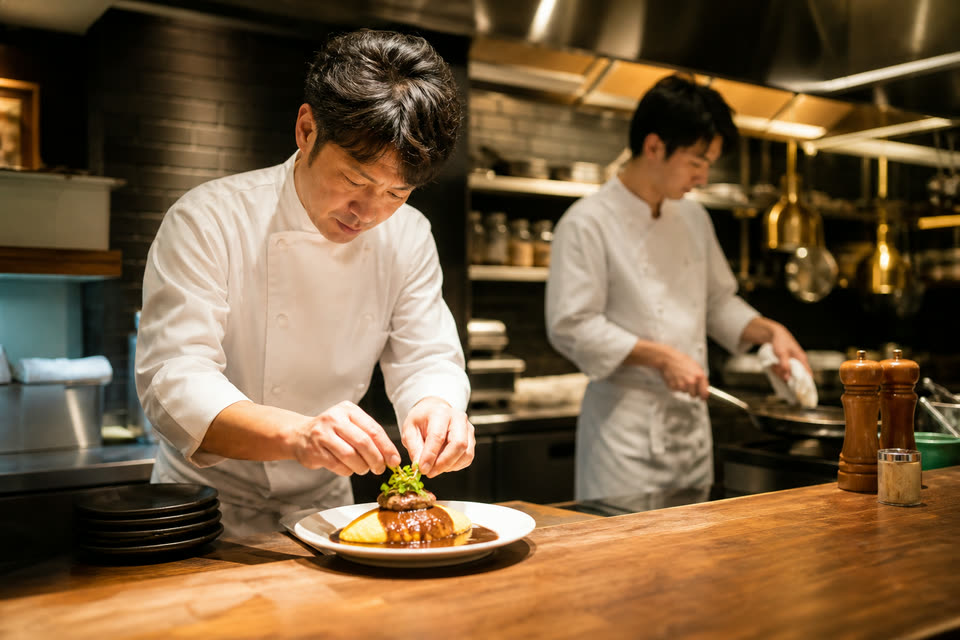 厨房でオムライスを仕上げる料理人2名